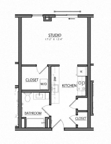 Floor plan for studio, 1 bath, 492 sqft